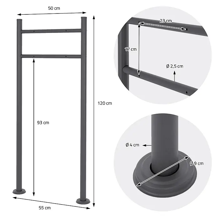 ECD Germany Standbriefkasten Briefkastenanlage mit Ständer Anthrazit 120cm Mailbox mit Pfosten - L x B x H: 17,5 x 55 x 120 cm, Weiß, Edelstahl - Dunkelgrauer Handtuchhalter aus Metall, 120 cm hoch und 50 cm breit, mit zwei Querstreben und runden Füßen.