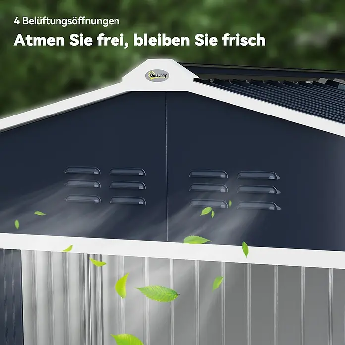 Outsunny Gerätehaus - Außenbreite inkl. Dachüberstand: 277 cm, Außentiefe inkl. Dachüberstand: 195 cm, Stahl, Dunkelgrau - Schuppendach mit 6 Lüftungsöffnungen, dunkelgrauen Paneelen und weißer Verkleidung für frische Luft.