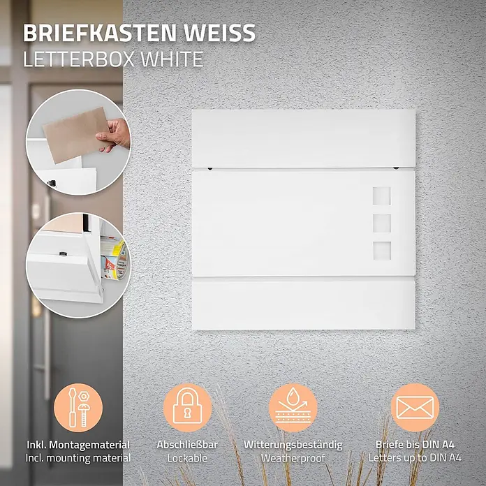 ECD Germany Standbriefkasten Briefkastenanlage mit Ständer Anthrazit 120cm Mailbox mit Pfosten - L x B x H: 17,5 x 55 x 120 cm, Weiß, Edelstahl - Weißer Briefkasten an der Wand, zeigt Einwurf, Zeitungsfach und Symbole für Eigenschaften wie Abschließbarkeit und A4-Größe.