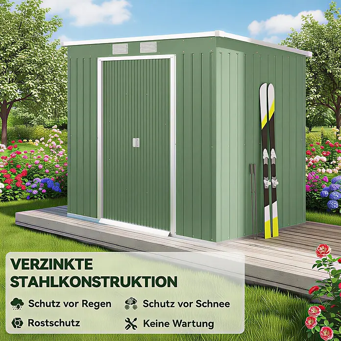 Outsunny Gerätehaus - Außenbreite inkl. Dachüberstand: 213 cm, Außentiefe inkl. Dachüberstand: 130 cm, Stahl, Grün - Grüner Geräteschuppen aus verzinktem Stahl auf Holzdeck im Garten, mit Skiern daneben.