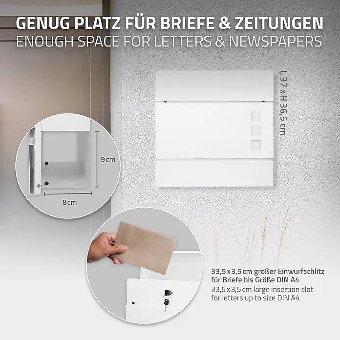 ECD Germany Standbriefkasten Briefkastenanlage mit Ständer Anthrazit 120cm Mailbox mit Pfosten - L x B x H: 17,5 x 55 x 120 cm, Weiß, Edelstahl - Weißer Briefkasten mit großem Einwurfschlitz (33,5 x 3,5 cm) für Briefe bis DIN A4 und Zeitungen. Maße: L 37 x H 36,5 cm.