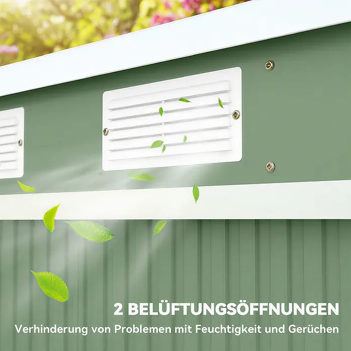 Outsunny Gerätehaus - Außenbreite inkl. Dachüberstand: 213 cm, Außentiefe inkl. Dachüberstand: 130 cm, Stahl, Grün - Grüne Gerätehauswand mit zwei weißen Lüftungsöffnungen, die optimale Luftzirkulation zur Vermeidung von Feuchtigkeit und Gerüchen gewährleisten.