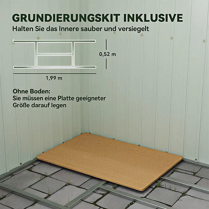 Outsunny Gerätehaus - Außenbreite inkl. Dachüberstand: 213 cm, Außentiefe inkl. Dachüberstand: 130 cm, Stahl, Grün - Fundamentbausatz für einen Schuppen, bestehend aus einem Metallrahmen (1,99 x 0,52 m), der für einen sauberen und versiegelten Innenraum sorgt und eine Bodenplatte trägt.