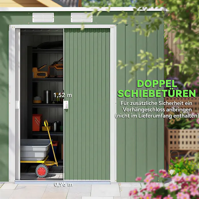 Outsunny Gerätehaus - Außenbreite inkl. Dachüberstand: 213 cm, Außentiefe inkl. Dachüberstand: 130 cm, Stahl, Grün - Grünes Metall-Gartenhaus mit offenen Doppelschiebetüren, zeigt Innenregale und Werkzeuge. Türöffnung 1,52m hoch, 0,96m breit.