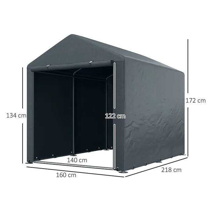 Outsunny Gerätehaus - Außenbreite inkl. Dachüberstand: 160 cm, Außentiefe inkl. Dachüberstand: 218 cm, Stahl, Dunkelgrau - Dunkelgraue, tragbare Garage mit Spitzdach, Metallrahmen und Rolltor. Maße 160x218x172 cm (BxTxH), Frontöffnung 140x122 cm.