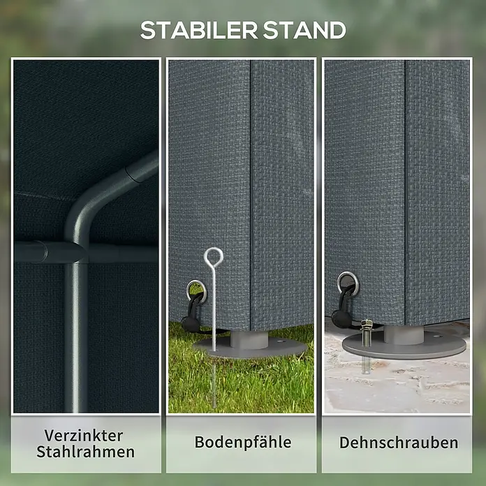 Outsunny Gerätehaus - Außenbreite inkl. Dachüberstand: 160 cm, Außentiefe inkl. Dachüberstand: 218 cm, Stahl, Dunkelgrau - Stabiler Stand: verzinkter Stahlrahmen, Bodenpfähle für weichen Boden und Dehnschrauben für feste Oberflächen.
