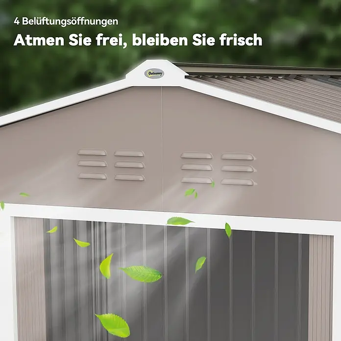Outsunny Gerätehaus - Außenbreite inkl. Dachüberstand: 277 cm, Außentiefe inkl. Dachüberstand: 195 cm, Stahl, Hellgrau - Beigefarbenes Metallgerätehaus mit vier Belüftungsöffnungen und Outsunny-Logo am Giebel für optimale Luftzirkulation.