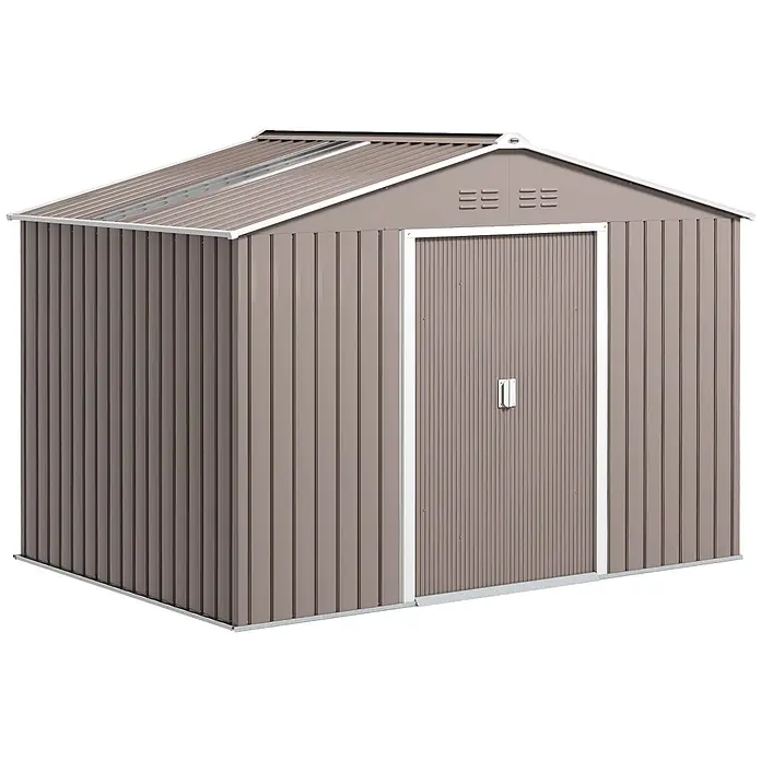 Outsunny Gerätehaus - Außenbreite inkl. Dachüberstand: 277 cm, Außentiefe inkl. Dachüberstand: 195 cm, Stahl, Hellgrau - Brauner Metallschuppen mit weißem Rand, doppelten Schiebetüren und lichtdurchlässigen Dachplatten.