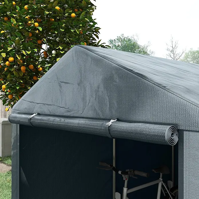 Outsunny Gerätehaus - Außenbreite inkl. Dachüberstand: 160 cm, Außentiefe inkl. Dachüberstand: 218 cm, Stahl, Dunkelgrau - Graues Outdoor-Lagerzelt mit aufgerolltem Eingang, in dem ein Fahrrad steht. Aus strapazierfähigem Gewebe in einem Garten.
