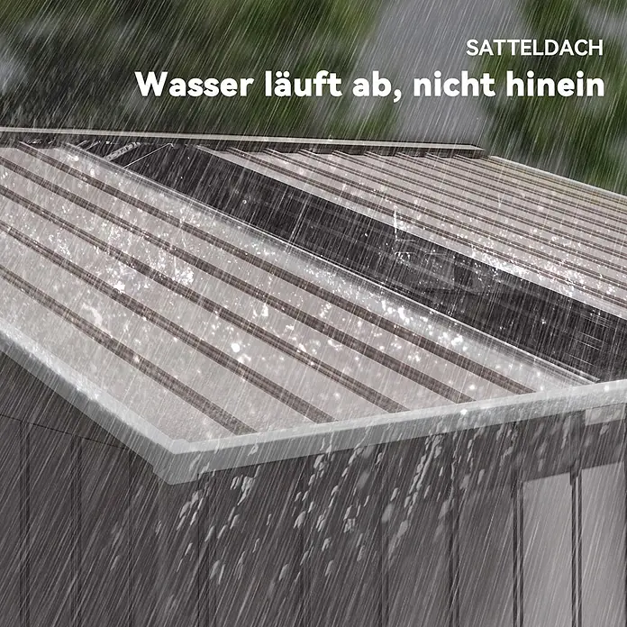Outsunny Gerätehaus - Außenbreite inkl. Dachüberstand: 277 cm, Außentiefe inkl. Dachüberstand: 195 cm, Stahl, Hellgrau - Satteldach mit lichtdurchlässigen Platten, das Wasser bei Regen effektiv ableitet.