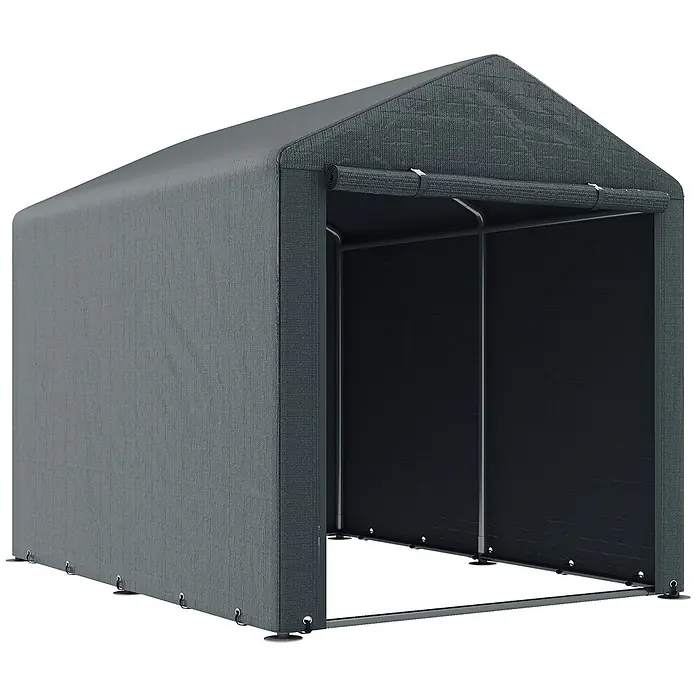 Outsunny Gerätehaus - Außenbreite inkl. Dachüberstand: 160 cm, Außentiefe inkl. Dachüberstand: 218 cm, Stahl, Dunkelgrau - Graue Stoff-Garage mit offener Vorderseite und hochgerollter Eingangsplane.