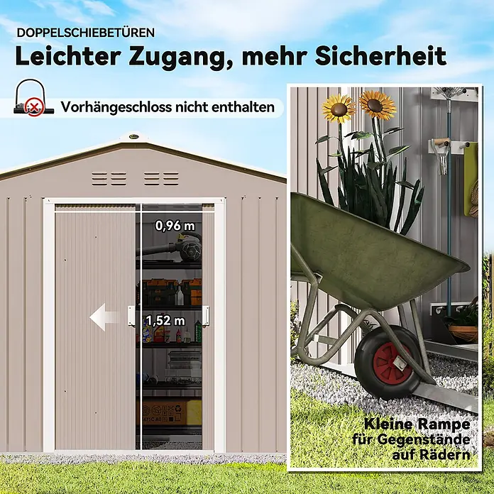 Outsunny Gerätehaus - Außenbreite inkl. Dachüberstand: 277 cm, Außentiefe inkl. Dachüberstand: 195 cm, Stahl, Hellgrau - Beige Gartenhütte mit breiten Doppelschiebetüren (0,96m x 1,52m) und kleiner Rampe für einfachen Zugang von Rollgegenständen, dargestellt mit einer Schubkarre.