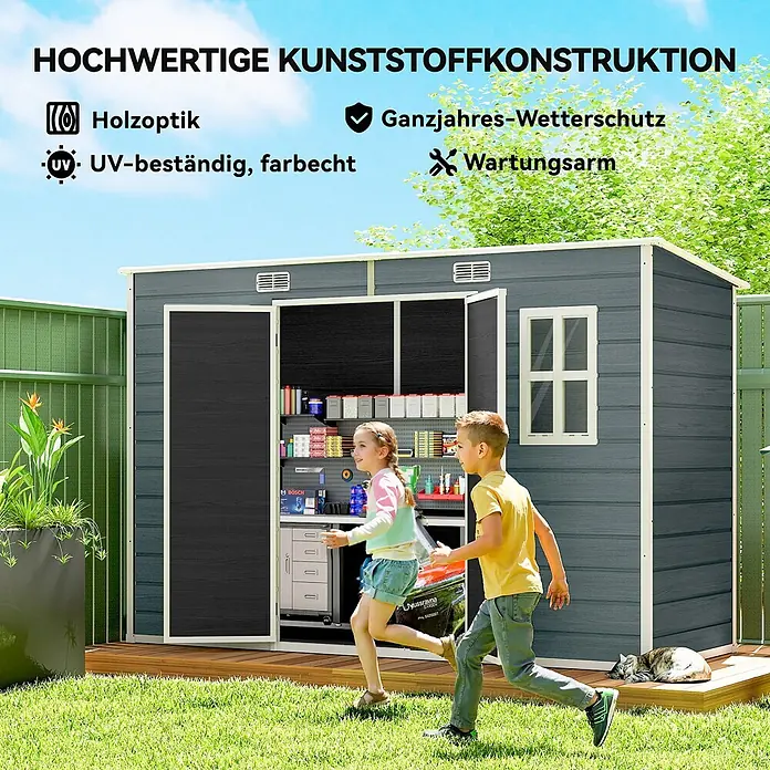 Outsunny Gerätehaus - Außenbreite inkl. Dachüberstand: 303 cm, Außentiefe inkl. Dachüberstand: 123 cm, Kunststoff, Grau - Hochwertiges Gartenhaus aus Kunststoff in Holzoptik, UV-beständig, wetterfest und wartungsarm. Zwei Kinder laufen hinein.