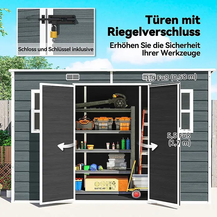 Outsunny Gerätehaus - Außenbreite inkl. Dachüberstand: 303 cm, Außentiefe inkl. Dachüberstand: 123 cm, Kunststoff, Grau - Dunkelgraues Gerätehaus mit offenen Türen, zeigt Werkzeuge. Mit Riegelverschluss, Schloss und Schlüssel inklusive.