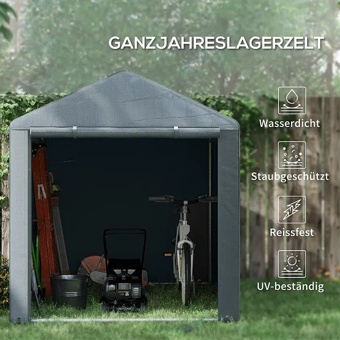 Outsunny Gerätehaus - Außenbreite inkl. Dachüberstand: 160 cm, Außentiefe inkl. Dachüberstand: 218 cm, Stahl, Dunkelgrau - Graues Ganzjahreslagerzelt im Garten, zur Aufbewahrung von Fahrrad und Werkzeugen. Wasserdicht, staubgeschützt, reißfest und UV-beständig.