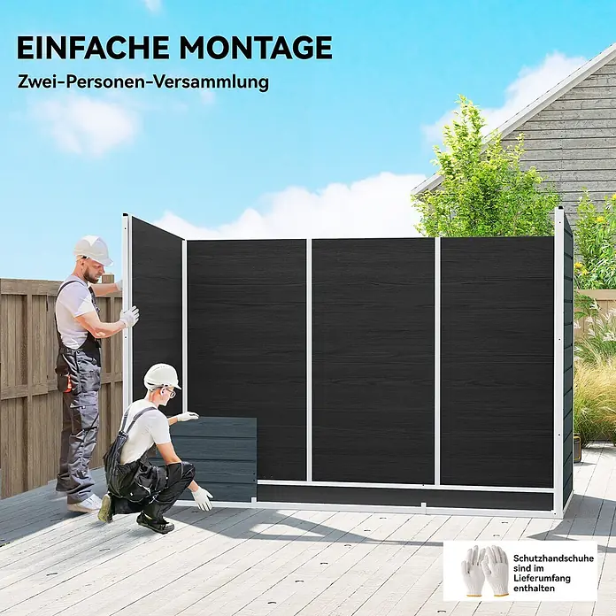 Outsunny Gerätehaus - Außenbreite inkl. Dachüberstand: 303 cm, Außentiefe inkl. Dachüberstand: 123 cm, Kunststoff, Grau - Zwei Arbeiter montieren einen dunkelgrauen Sichtschutzzaun mit weißen Rahmen auf einer Holzterrasse; einfache Zweipersonen-Montage.