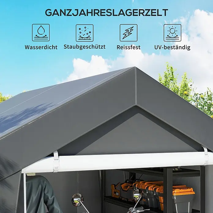 Outsunny Gerätehaus - Außenbreite inkl. Dachüberstand: 300 cm, Außentiefe inkl. Dachüberstand: 302 cm, Stahl, Dunkelgrau - Graues Ganzjahres-Lagerzelt, das ein Motorrad und Boxen schützt. Es ist wasserdicht, staubgeschützt, reißfest und UV-beständig.