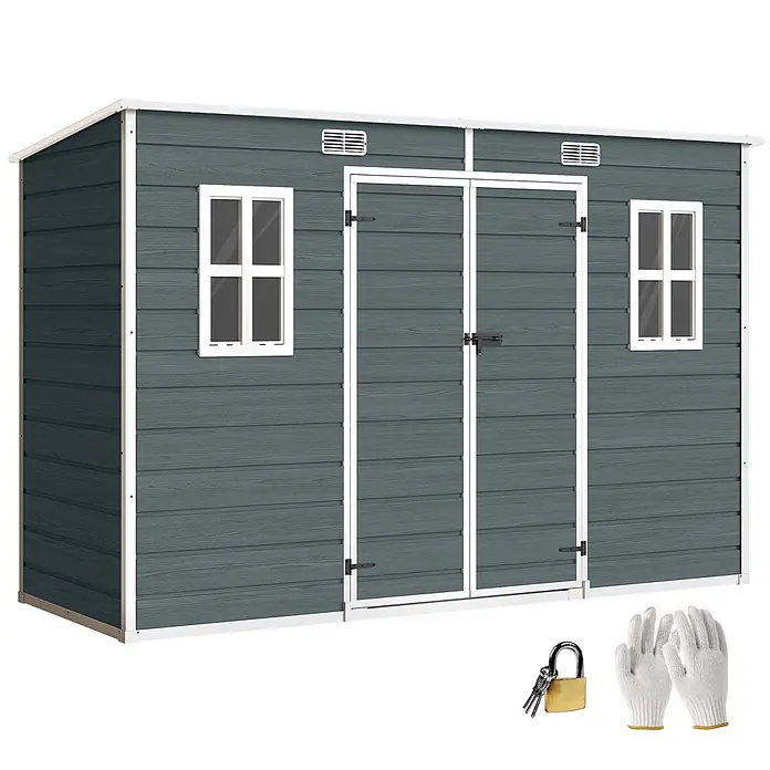 Outsunny Gerätehaus - Außenbreite inkl. Dachüberstand: 303 cm, Außentiefe inkl. Dachüberstand: 123 cm, Kunststoff, Grau - Dunkelgrauer Geräteschuppen mit Holzmaserung, weißem Rahmen, Doppeltüren, zwei Fenstern und zwei Lüftungsschlitzen. Inklusive Vorhängeschloss und Arbeitshandschuhen.