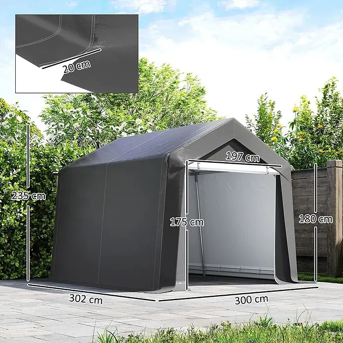 Outsunny Gerätehaus - Außenbreite inkl. Dachüberstand: 300 cm, Außentiefe inkl. Dachüberstand: 302 cm, Stahl, Dunkelgrau - Dunkelgraues, wetterfestes Lagerzelt mit Abmessungen, im Garten platziert.