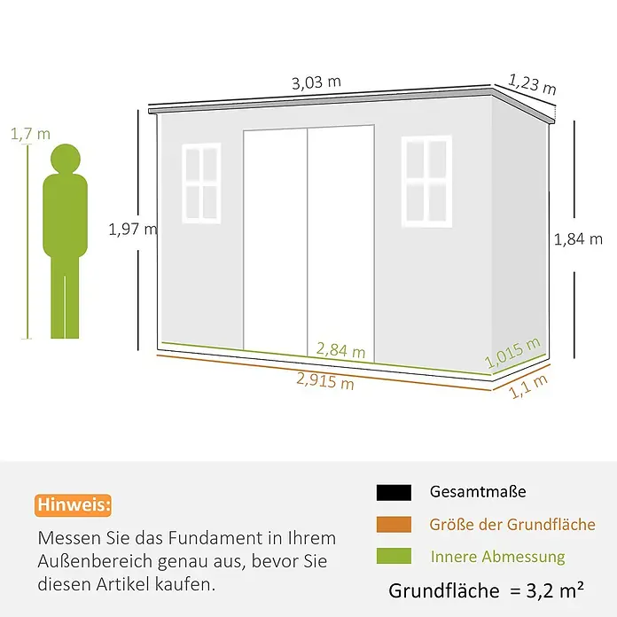 Outsunny Gerätehaus - Außenbreite inkl. Dachüberstand: 303 cm, Außentiefe inkl. Dachüberstand: 123 cm, Kunststoff, Grau - Maße eines grauen Geräteschuppens: Gesamt-, Grundflächen- und Innenmaße. Grundfläche: 3,2 m².
