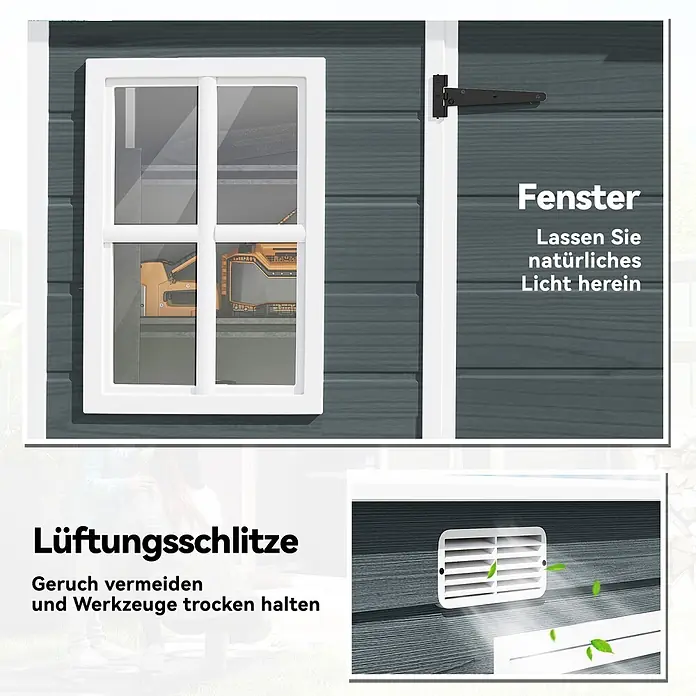 Outsunny Gerätehaus - Außenbreite inkl. Dachüberstand: 303 cm, Außentiefe inkl. Dachüberstand: 123 cm, Kunststoff, Grau - Dunkelgraues Gartenhaus mit Fenster, das Werkzeuge zeigt, und weißem Lüftungsschlitz, durch den Luft strömt.