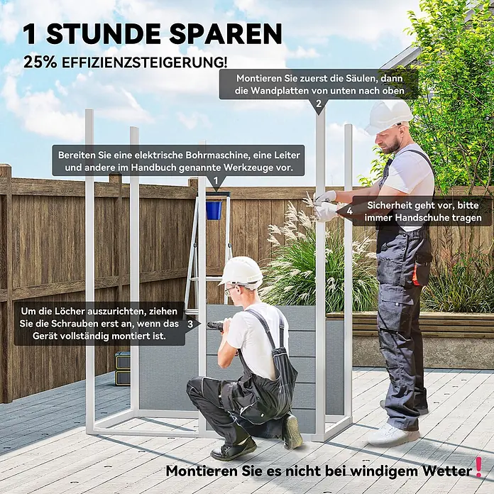 Outsunny Gerätehaus - Außenbreite inkl. Dachüberstand: 151 cm, Außentiefe inkl. Dachüberstand: 92 cm, Aluminium, Grau - Zwei Männer montieren einen modularen Sichtschutz mit weißen Rahmen und grauen Paneelen im Freien.
