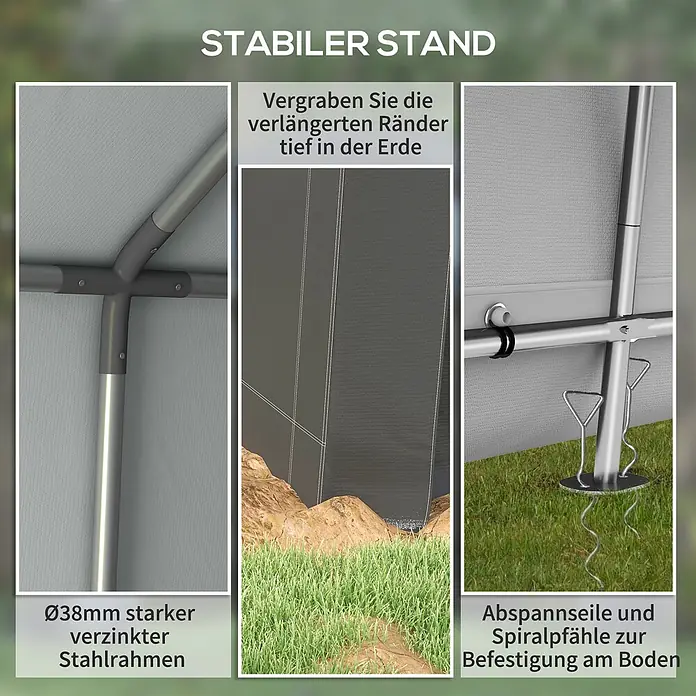 Outsunny Gerätehaus - Außenbreite inkl. Dachüberstand: 300 cm, Außentiefe inkl. Dachüberstand: 302 cm, Stahl, Dunkelgrau - Stabile Konstruktion: Verzinkter Stahlrahmen, vergrabene Stoffränder und Bodenanker mit Spiralheringen.