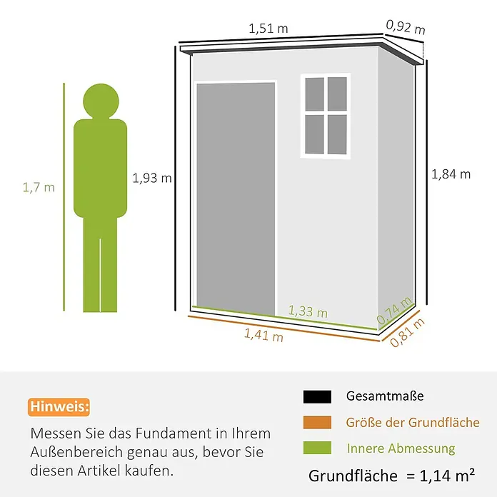 Outsunny Gerätehaus - Außenbreite inkl. Dachüberstand: 151 cm, Außentiefe inkl. Dachüberstand: 92 cm, Aluminium, Grau - Maße eines grauen Geräteschuppens mit Fenster und Tür, inklusive Außen- und Innenmaßen sowie einer menschlichen Figur zum Größenvergleich.