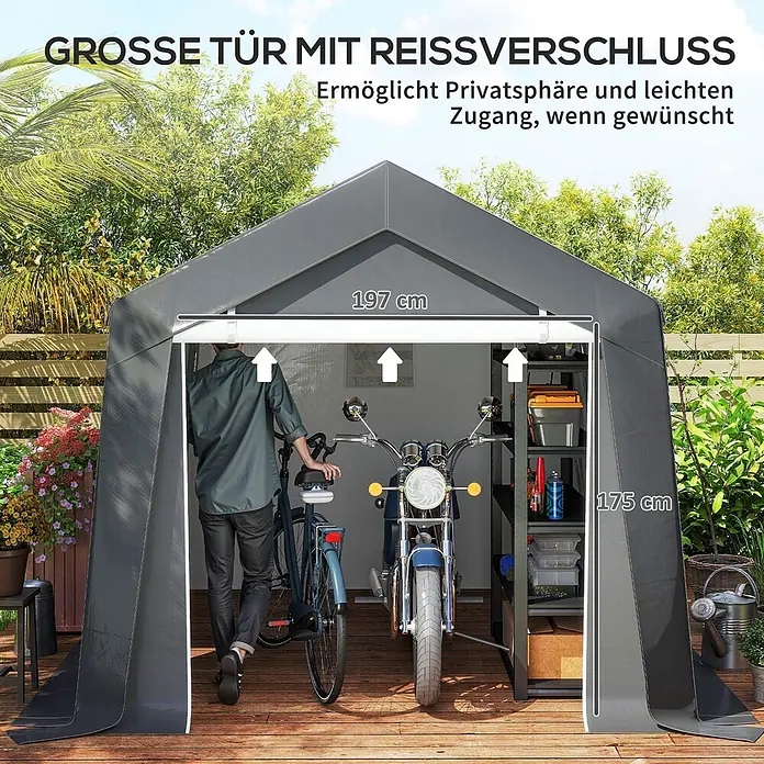 Outsunny Gerätehaus - Außenbreite inkl. Dachüberstand: 300 cm, Außentiefe inkl. Dachüberstand: 302 cm, Stahl, Dunkelgrau - Dunkelgraues Lagerzelt mit großem Reißverschluss, 197 cm breit und 175 cm hoch, mit Fahrrad und Motorrad.