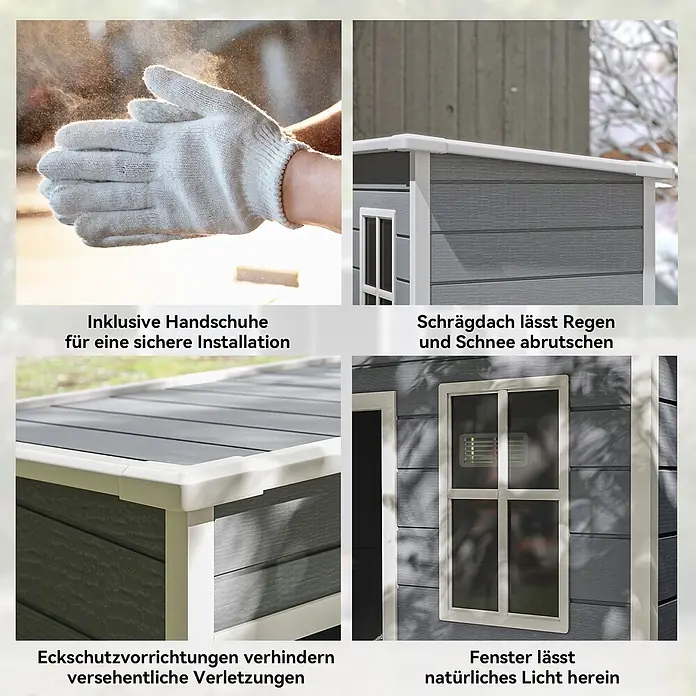 Outsunny Gerätehaus - Außenbreite inkl. Dachüberstand: 151 cm, Außentiefe inkl. Dachüberstand: 92 cm, Aluminium, Grau - Graue Outdoor-Struktur mit weißer Verkleidung, schrägem Dach, Eckenschutz, Fenster und inklusive Sicherheitshandschuhen für die Montage.