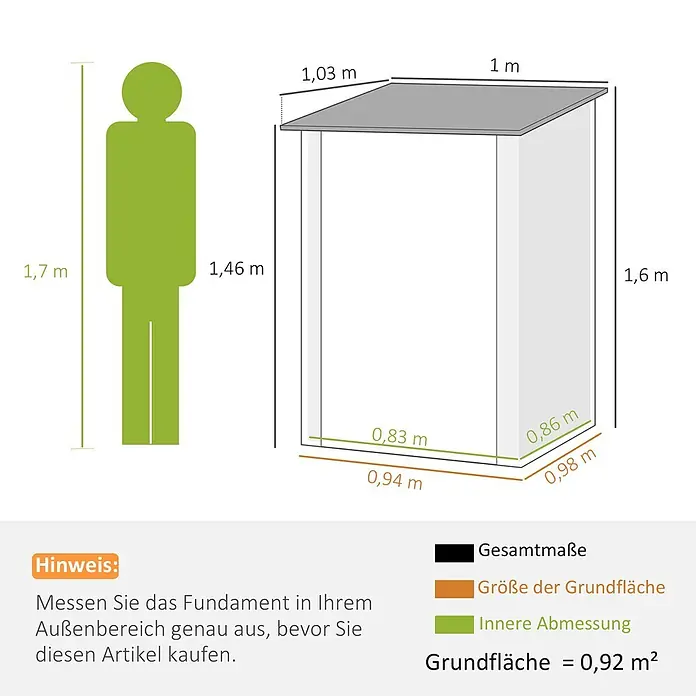 Outsunny Gerätehaus - Außenbreite inkl. Dachüberstand: 100 cm, Außentiefe inkl. Dachüberstand: 103 cm, Stahl, Grün - Maßzeichnung für einen Schuppen: Außenmaße 1,03x1x1,6m hoch, Innenmaße 0,83x0,86m; 1,7m Person zum Größenvergleich.