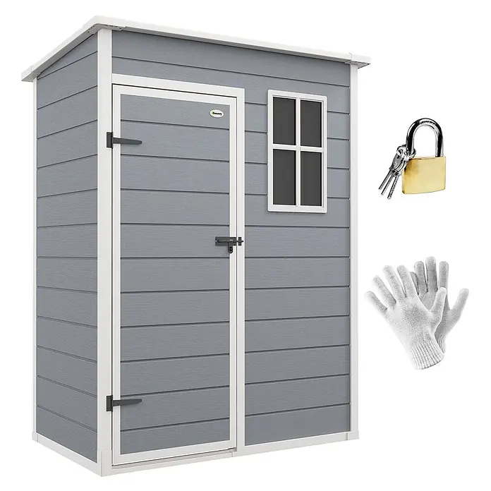 Outsunny Gerätehaus - Außenbreite inkl. Dachüberstand: 151 cm, Außentiefe inkl. Dachüberstand: 92 cm, Aluminium, Grau - Graues Kunststoff-Gartenhaus mit weißem Rahmen, Tür, Fenster, Vorhängeschloss und Handschuhen.