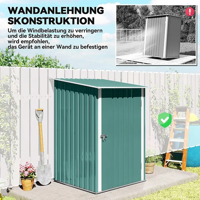 Outsunny Gerätehaus - Außenbreite inkl. Dachüberstand: 100 cm, Außentiefe inkl. Dachüberstand: 103 cm, Stahl, Grün - Grüner Metall-Anlehnschuppen, für Wandbefestigung zur Stabilitätserhöhung konzipiert.