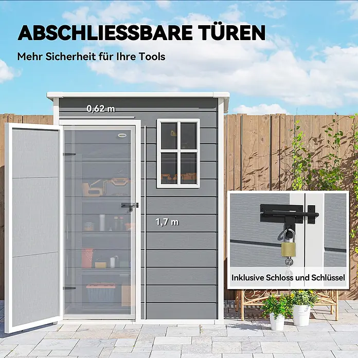 Outsunny Gerätehaus - Außenbreite inkl. Dachüberstand: 151 cm, Außentiefe inkl. Dachüberstand: 92 cm, Aluminium, Grau - Grauer Gartenschuppen mit abschließbaren Türen und Fenster, 0,62m breit x 1,7m hoch. Inklusive Schloss und Schlüssel.