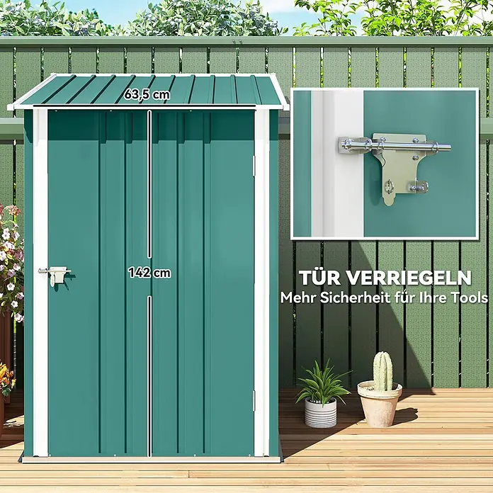 Outsunny Gerätehaus - Außenbreite inkl. Dachüberstand: 100 cm, Außentiefe inkl. Dachüberstand: 103 cm, Stahl, Grün - Grüner Metall-Gartenschuppen mit einer 142 cm hohen und 63,5 cm breiten Tür, ausgestattet mit einem robusten Schloss für Werkzeugsicherheit, auf einer Holzterrasse.