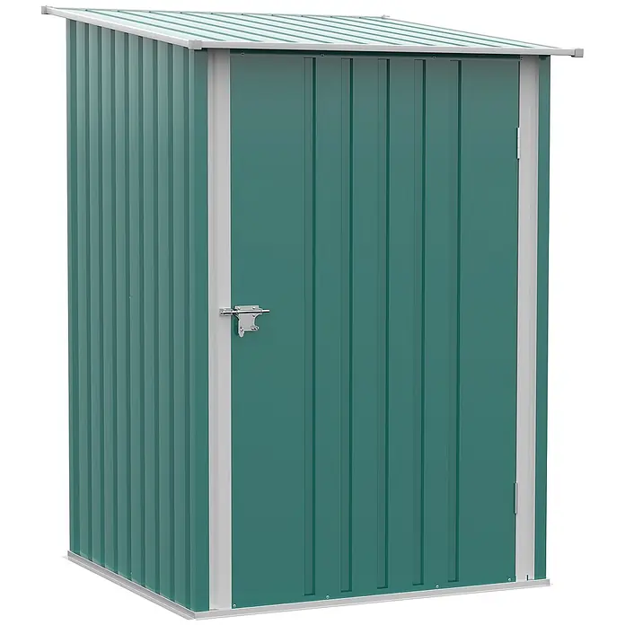 Outsunny Gerätehaus - Außenbreite inkl. Dachüberstand: 100 cm, Außentiefe inkl. Dachüberstand: 103 cm, Stahl, Grün - Grünfarbener Wellblech-Geräteschuppen mit Einzeltür, silbernem Rahmen und schrägem Dach.