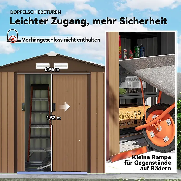 Outsunny Gerätehaus - Außenbreite inkl. Dachüberstand: 213 cm, Außentiefe inkl. Dachüberstand: 130 cm, Stahl, Gelb - Braunes Metallgerätehaus mit Doppelschiebetüren (0,96x1,52m). Leichter Zugang, mehr Sicherheit. Inkl. kleiner Rampe für Räder. Vorhängeschloss nicht enthalten.