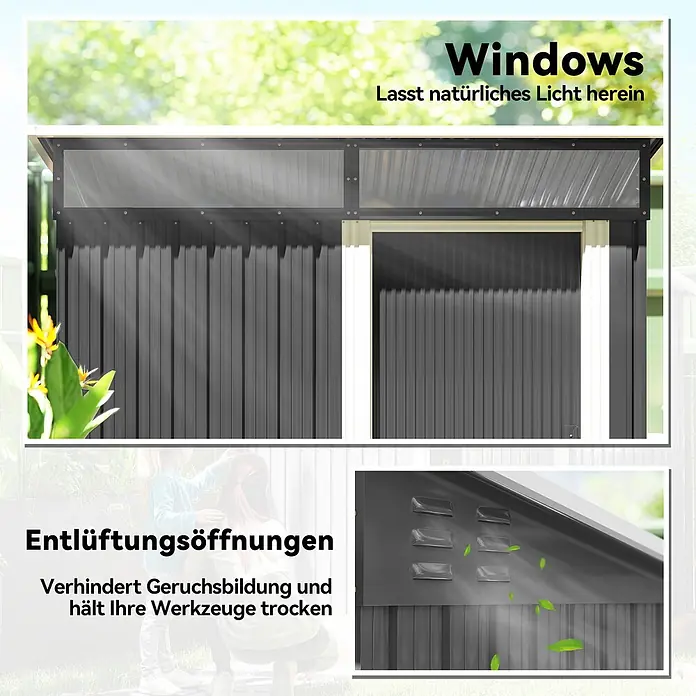 Outsunny Gerätehaus - Außenbreite inkl. Dachüberstand: 195 cm, Außentiefe inkl. Dachüberstand: 122 cm, Stahl, Dunkelgrau - Dunkelgraues Metall-Gartengerätehaus mit transparenten Fenstern und Lüftungsöffnungen für Licht und Luftzirkulation.