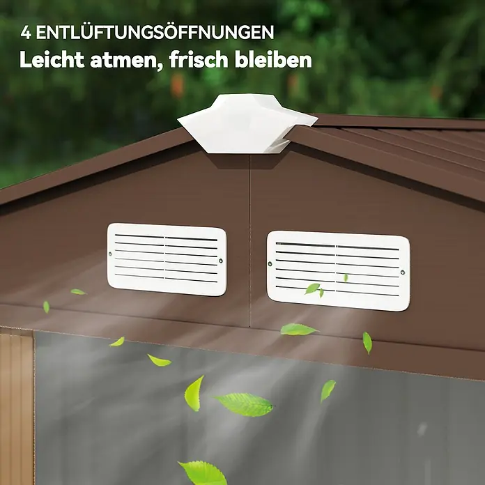 Outsunny Gerätehaus - Außenbreite inkl. Dachüberstand: 213 cm, Außentiefe inkl. Dachüberstand: 130 cm, Stahl, Gelb - Brauner Schuppen mit weißen Dach- und Seitenlüftungen, der Luftzirkulation mit Blättern für frische Luft zeigt.
