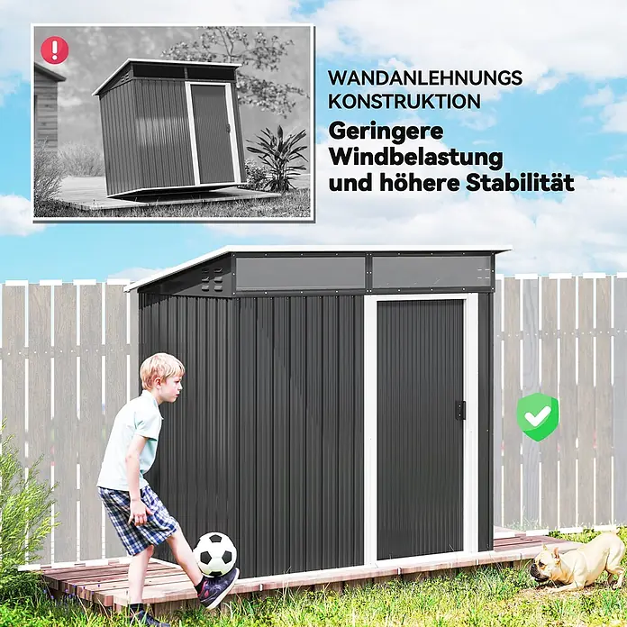 Outsunny Gerätehaus - Außenbreite inkl. Dachüberstand: 195 cm, Außentiefe inkl. Dachüberstand: 122 cm, Stahl, Dunkelgrau - Dunkelgraues Metallgerätehaus mit weißer Tür steht stabil auf einer Holzterrasse in einer lebhaften Gartenszene.