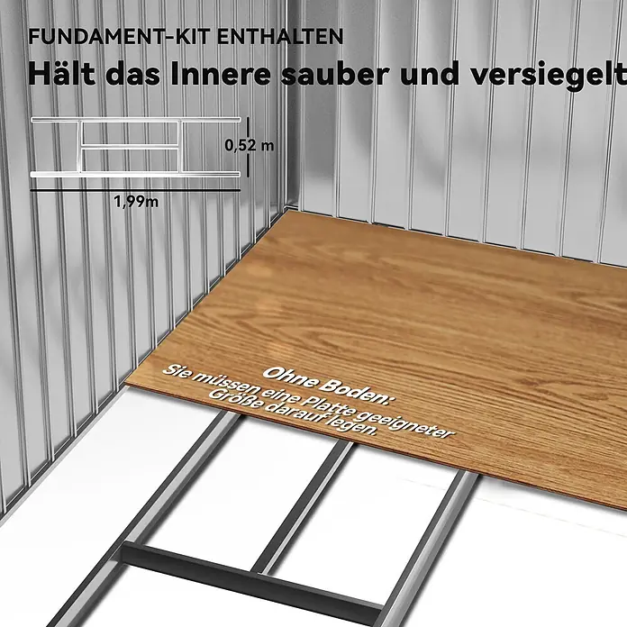 Outsunny Gerätehaus - Außenbreite inkl. Dachüberstand: 213 cm, Außentiefe inkl. Dachüberstand: 130 cm, Stahl, Gelb - Fundament-Kit für ein sauberes, versiegeltes Interieur. Maße 1,99m x 0,52m. Bodenplatte muss ergänzt werden.
