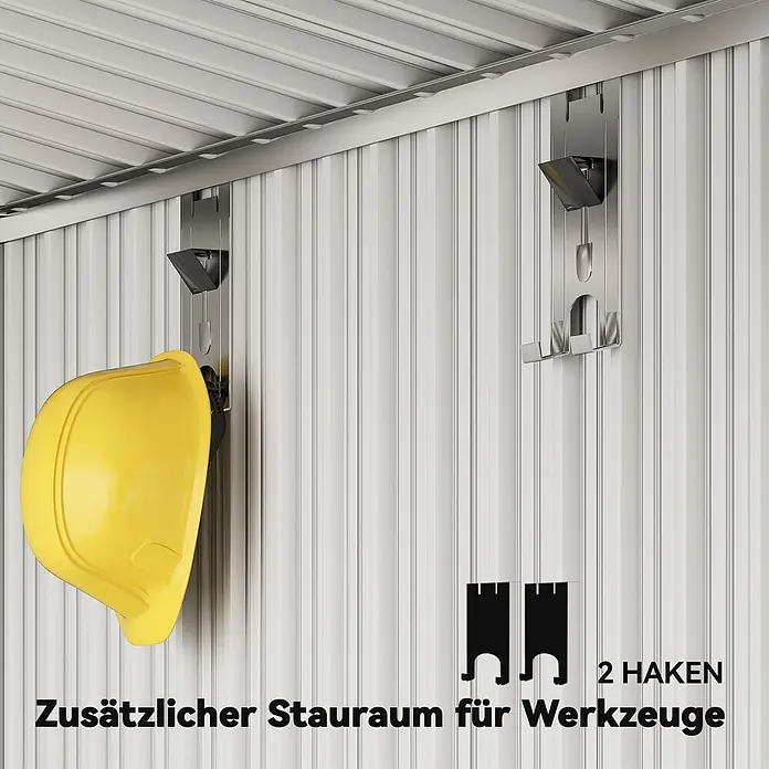 Outsunny Gerätehaus - Außenbreite inkl. Dachüberstand: 195 cm, Außentiefe inkl. Dachüberstand: 122 cm, Stahl, Dunkelgrau - Zwei Metallhaken an einer Wellblechwand in einem Schuppen; einer hält einen gelben Schutzhelm. Zusätzlicher Werkzeugstauraum.