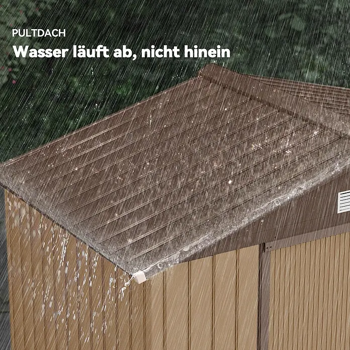 Outsunny Gerätehaus - Außenbreite inkl. Dachüberstand: 213 cm, Außentiefe inkl. Dachüberstand: 130 cm, Stahl, Gelb - Brauner Schuppen mit Pultdach, Wasser läuft bei Regen ab und dringt nicht ein.