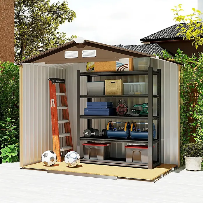 Outsunny Gerätehaus - Außenbreite inkl. Dachüberstand: 213 cm, Außentiefe inkl. Dachüberstand: 130 cm, Stahl, Gelb - Offener Metall-Gartenschuppen mit braunem Dach und mehrstufigem Metallregal zur organisierten Aufbewahrung von Werkzeugen, Sportgeräten und Boxen.
