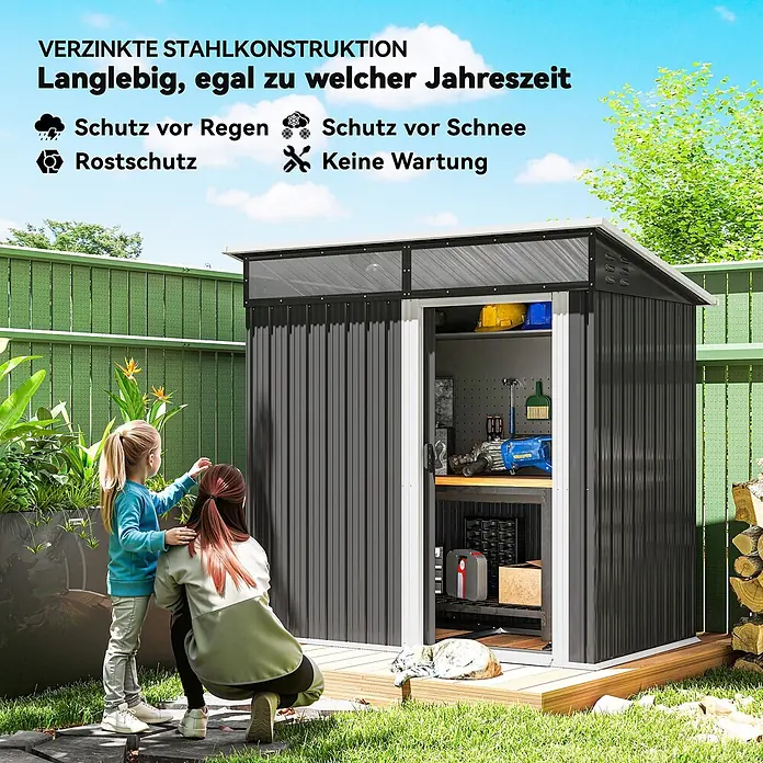 Outsunny Gerätehaus - Außenbreite inkl. Dachüberstand: 195 cm, Außentiefe inkl. Dachüberstand: 122 cm, Stahl, Dunkelgrau - Dunkelgraues Gartenhaus aus verzinktem Stahl, offen mit Werkzeugen. Menschen und eine Katze im Garten.