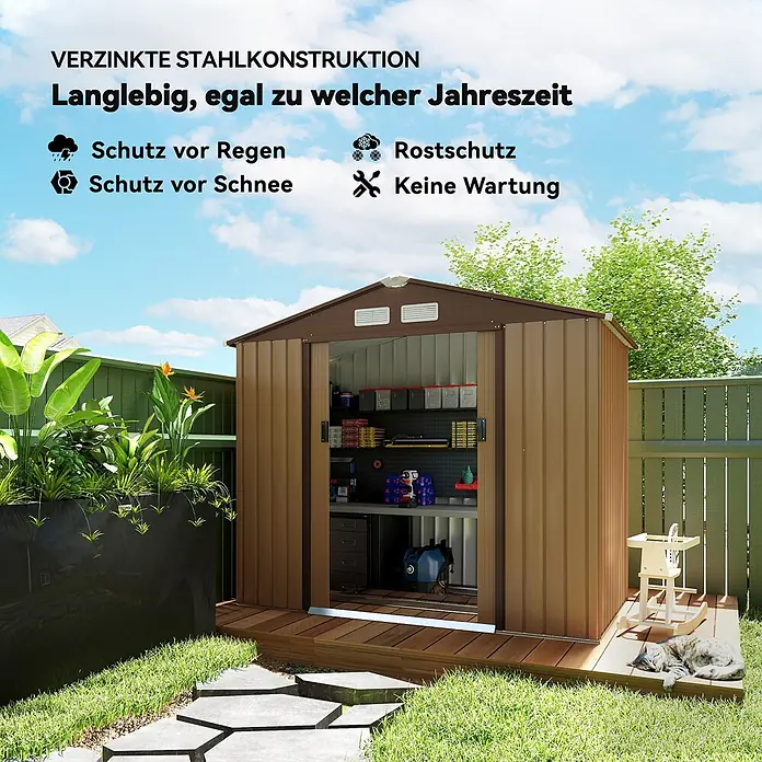 Outsunny Gerätehaus - Außenbreite inkl. Dachüberstand: 213 cm, Außentiefe inkl. Dachüberstand: 130 cm, Stahl, Gelb - Brauner Geräteschuppen aus verzinktem Stahl im Garten, wetterfest und langlebig für ganzjährige Nutzung.