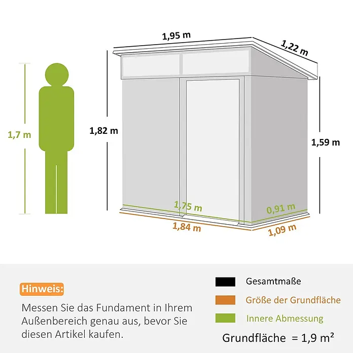 Outsunny Gerätehaus - Außenbreite inkl. Dachüberstand: 195 cm, Außentiefe inkl. Dachüberstand: 122 cm, Stahl, Dunkelgrau - Gartenhaus mit Maßen: 1,95m B x 1,22m T. Höhe vorn 1,82m, hinten 1,59m. Grundfläche 1,9 m². Eine 1,7m Person dient als Größenvergleich.