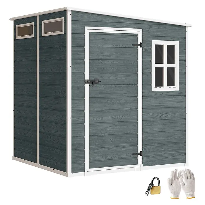 Outsunny Gerätehaus - Außenbreite inkl. Dachüberstand: 182 cm, Außentiefe inkl. Dachüberstand: 182 cm, Aluminium, Grau - Dunkelgrauer Garten-Anbauschuppen mit Holzoptik-Paneelen, weißen Zierleisten, Fenstern, Tür mit Riegel, Vorhängeschloss mit Schlüsseln und Arbeitshandschuhen.