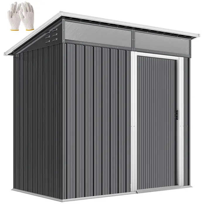 Outsunny Gerätehaus - Außenbreite inkl. Dachüberstand: 195 cm, Außentiefe inkl. Dachüberstand: 122 cm, Stahl, Dunkelgrau - Grauer Metallgartenschuppen mit Schrägdach, transparenten Platten, Lüftungsschlitzen und Schiebetür. Inklusive Schutzhandschuhe.