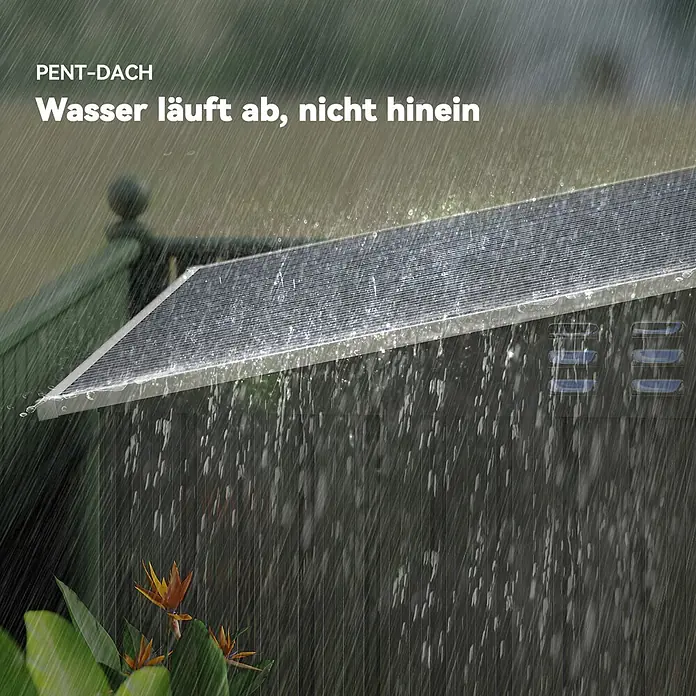 Outsunny Gerätehaus - Außenbreite inkl. Dachüberstand: 195 cm, Außentiefe inkl. Dachüberstand: 122 cm, Stahl, Dunkelgrau - Pultdach eines Gartenhauses im Regen, das effektive Wasserableitung zeigt und Lecks verhindert.